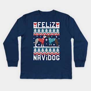 Feliz Navidog witty wordplay fair isle greyhounds // spot // teal and navy background cute dogs dressed with teal and red knitted Christmas ugly sweaters pixel art Kids Long Sleeve T-Shirt